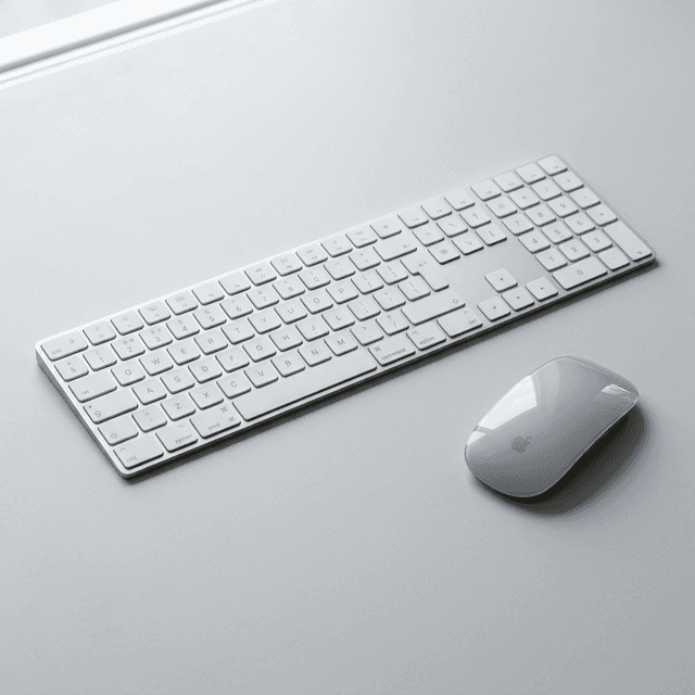 Minimalist desk setup with Apple keyboard and mouse